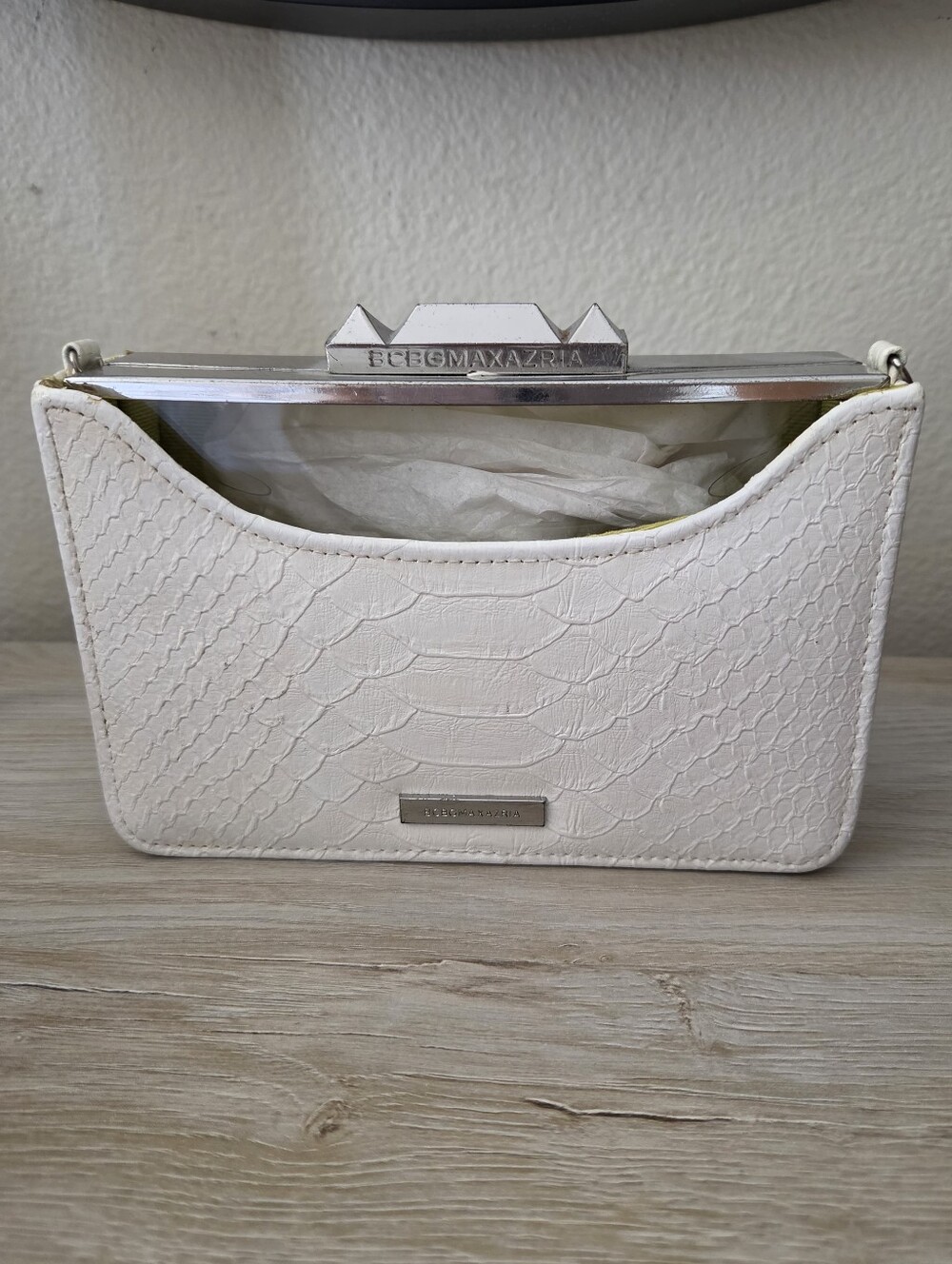 BCBG White Textured Leather Crossbody Clutch